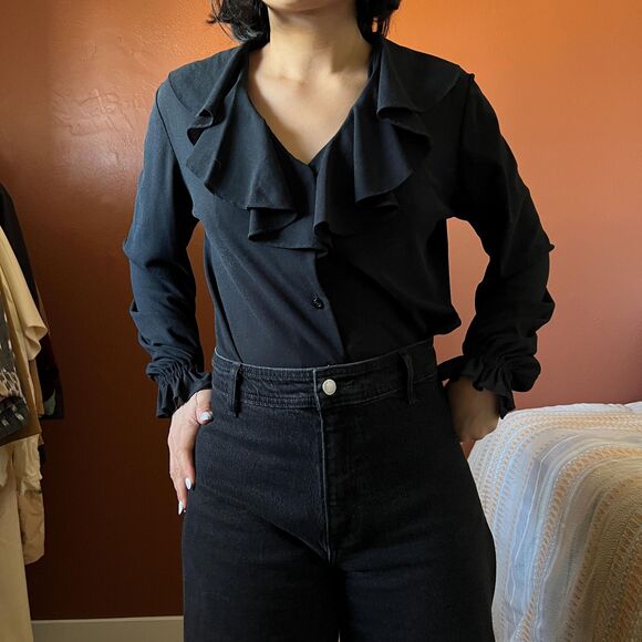 Vintage black ruffle v neck long sleeve blouse Medium - Picture 2 of 9